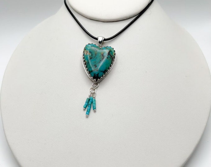 Handmade USA Kingman Ceremonial Turquoise Heart Pendant, Sterling Setting, Black Cord Necklace, Valentine Gift