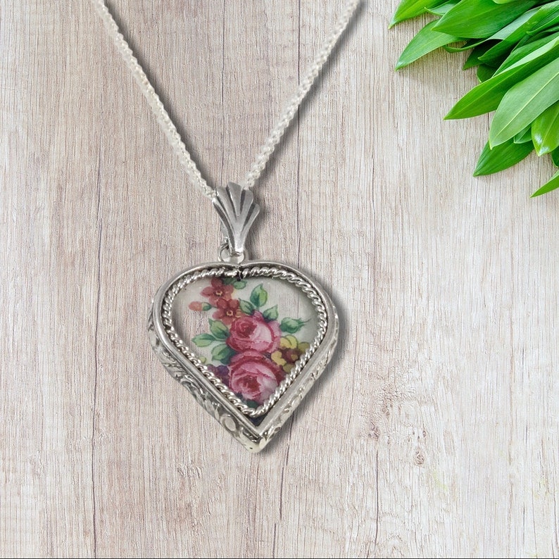 Floral Broken China Pendant, Pink Roses and Leaves, Handcrafted Sterling Silver Custom Setting, Broken China Jewelry, Valentine Gift image 8