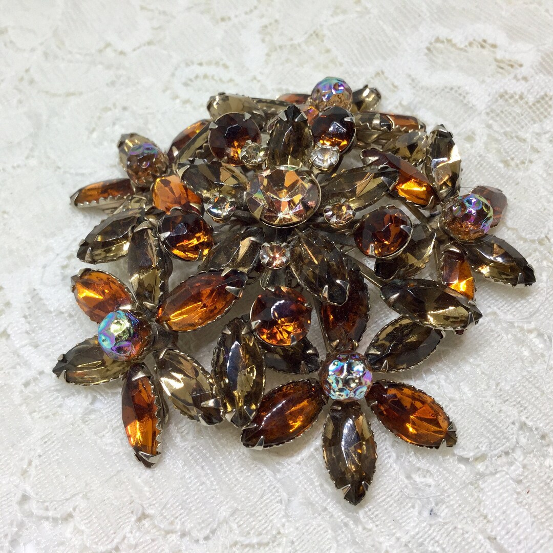Vintage Large Shades of Amber Rhinestone Flower Brooch - Etsy