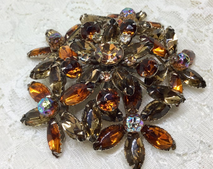 Vintage Large Shades of Amber Rhinestone Flower Brooch