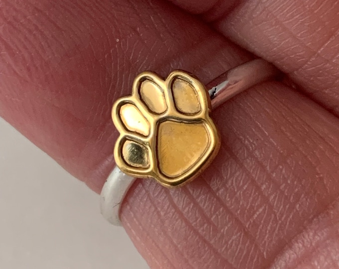 Handcrafted Dog Paw Ring, Sterling Silver Band, 24Kt Gold Plated Brass Paw, Dog Lovers