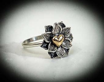 Handmade Lotus Flower with Heart Ring, Sterling Silver Lotus, Bronze Heart,  Valentine Gift, Yoga Lovers