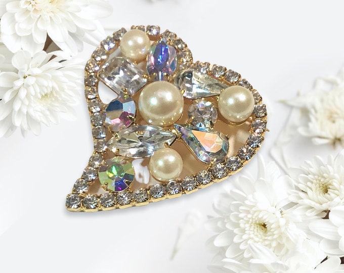 Vintage Openwork Faux Pearl and Rhinestone Heart Brooch,  Stylized and Sparkly Heart
