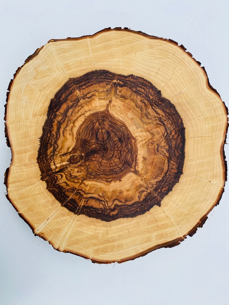 May include: A round wooden slice with a natural wood grain pattern. The center of the slice is a darker brown color, while the outer edges are a lighter brown color.