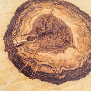 May include: Close-up of a wooden cutting board with a natural wood grain pattern. The board has a circular shape and a dark brown center with lighter brown rings radiating outwards.