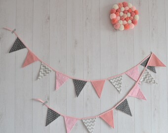 Pink, grey and white garland of pennants