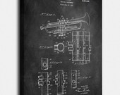 Trumpet (Selmer) Canvas Print, Trumpet (Selmer) Patent, Vintage Art, Blueprint, Poster, PatentPrints, Wall Art, Decor MU19C
