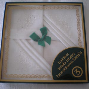 Vintage 2000s 3 Irish linen boxed unused ladies handkerchiefs -plain white with one decorative design corner - standard size - super present