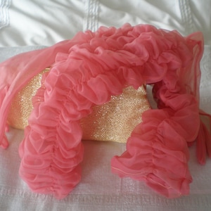 Vintage 1950s coral/pink sheer nylon ladies gloves - elbow length - fully ruched - size 6.5 for slim hand - occasion wear - super present.
