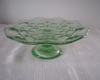 Vintage Antique 1920s Brockwitz German Globus moon print pattern green glass circular cake stand/plate - Art Deco - Collectable.