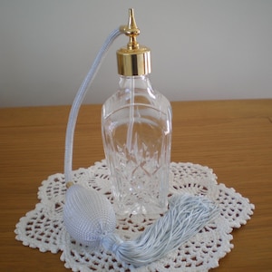Vintage 1980s Stuart Crystal unisex table perfume atomiser -made in Gt. Britain -tapered shape - pale blue puffer etc. -unused - super gift.
