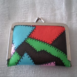 Vintage 1960s sewing travel repair kit in purse with contents - made in Hong Kong - outer faux leather in a patchwork pattern - super gift.