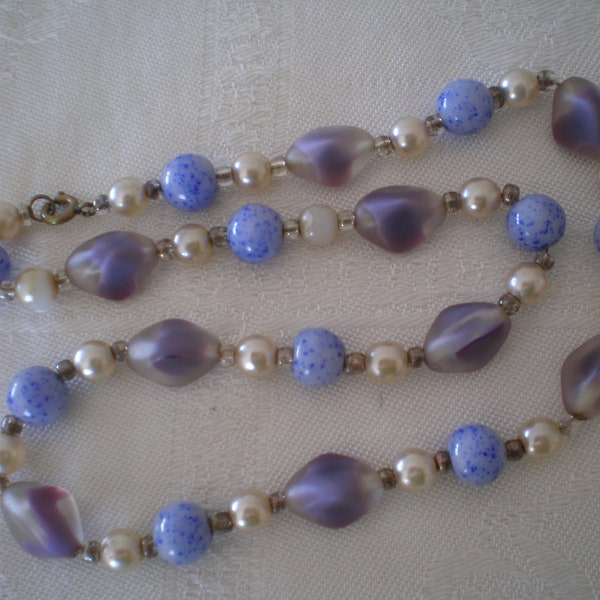 Vintage 1960s single strand costume necklace - various texture and shape beads - colours of blue/lilac & white - 49cms. length- super gift.