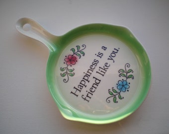 Vintage 1980s Japanese ceramic spoon rest with floral design & charming verse - standing or wall hanging - quirky kitsch gift - friend gift