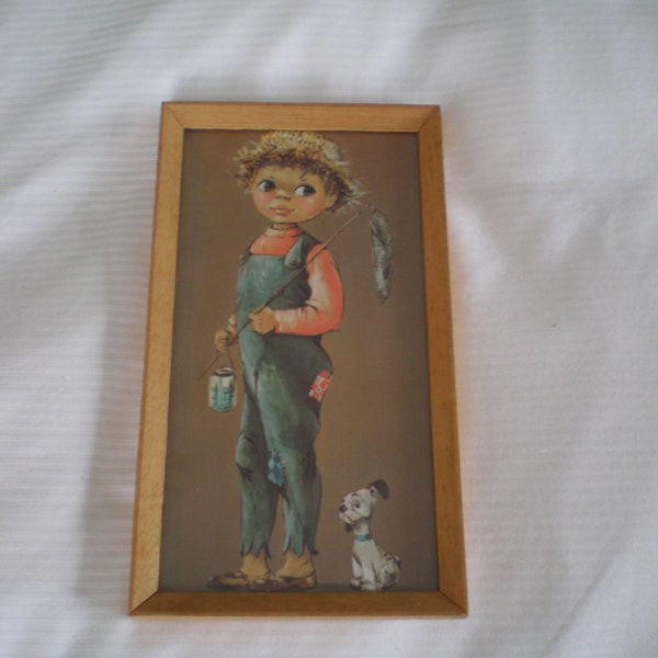 1970s kitsch coloured print of boy fishing with dog in wood oblong frame - wall hanging - cute nursery or bedroom picture - charming gift.