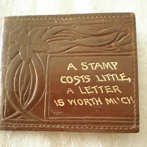 Vintage 1950s Arden Forest England brown hide leather stamp case/holder with verse &quot;A stamp cost little a letter is worth much&quot; - super gift