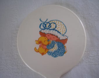 Vintage 1970s circular hand mirror for purse/handbag made in Hong Kong - hard white plastic - cute Holly Hobbie style image - kitsch gift