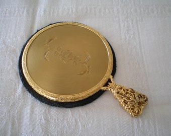 Vintage 1970s hand handle small pocket/purse bag mirror - ornate gold tone handle & back - bevelled glass - black felt pouch - super gift.