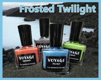 Frosted Twilight - Shimmer Solarthermal Handmade Nail Polish Set, Teal Green Orange Gray Creme, Iceland Inspired Color Changing Polishes