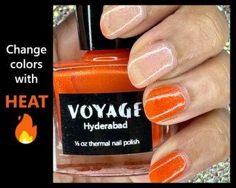 Hyderabad: Thermal Color Shifting Unique Nail Polish, Orange Glittery Sheer Crelly Polish, Halloween Manicure Thermal Topper Nail Lacquer