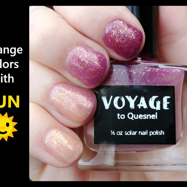 Quesnel - Solar UV Reactive Indie Nail Polish, Purple Orchid Gold Flakie Solar Color Changing Lacquer, Autumn Nail Art Nail Lacquer