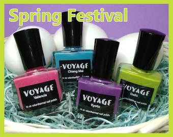 Spring Festival - Textured Color Changing Indie Nail Polish Set, Pink Purple Blue Green Glitter Solarthermal, Travel Theme Polish Collection