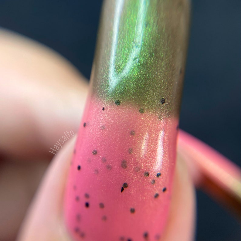 Watermelon: Thermal Nail Polish, Indie Green Pink Duochrome Shimmer Glitter Nail Varnish, Emerald Green to Magenta Charity Fingernail Polish image 8