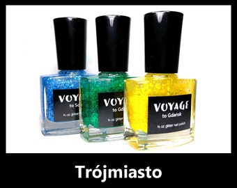 Trojmiasto - 3 Matte Glitter Unique Nail Polish Set, Blue Green Yellow Monochrome Glitter Toppers, Autumn Manicure Nail Lacquers