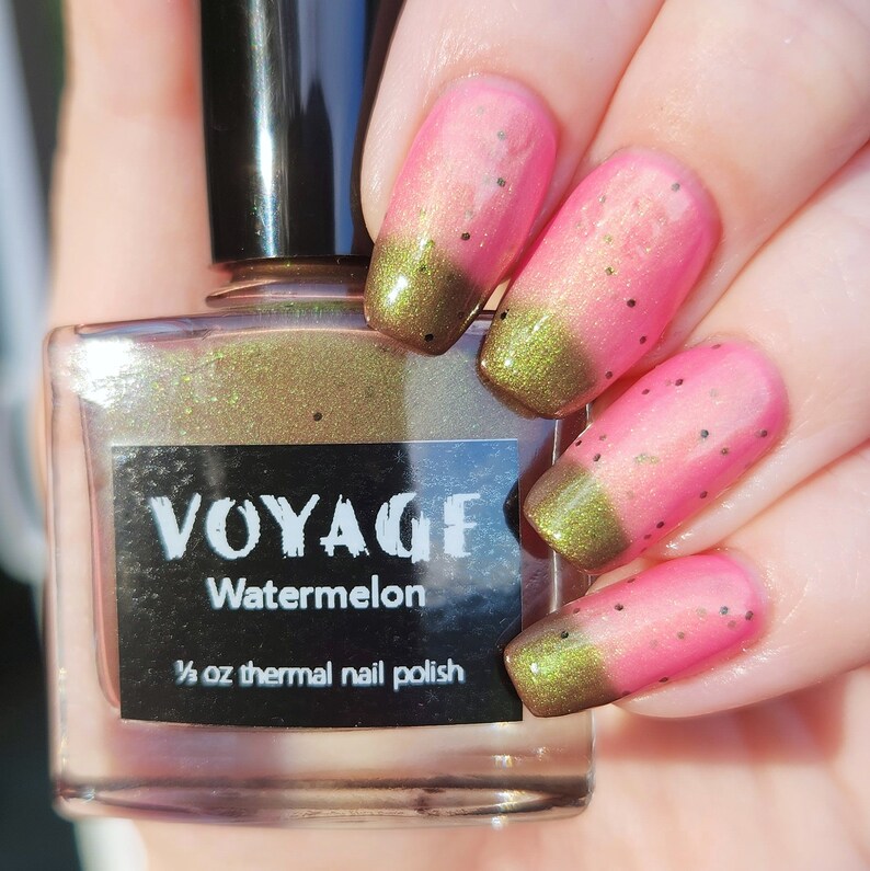 Watermelon: Thermal Nail Polish, Indie Green Pink Duochrome Shimmer Glitter Nail Varnish, Emerald Green to Magenta Charity Fingernail Polish image 6