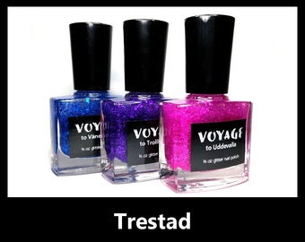 Trestad - 3 Matte Glitter Indie Nail Polish Set, Blue Purple Pink Monochrome Glitter Toppers, Winter Nail Art Fingernail Polishes