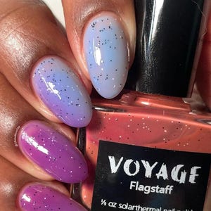 Solarthermal Color Changing Indie Nail Polish [Flagstaff] changes colors from terracotta orange to sky blue to purple