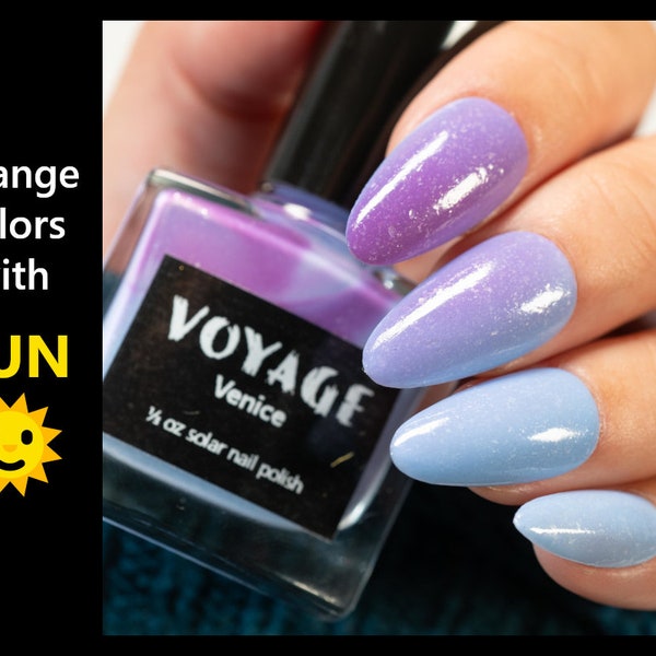 Venice - Solar Sun Changing Handmade Nail Polish, Pastel Blue Purple Flakie Sun Changing Creme Polish, Winter Nail Art Nail Varnish
