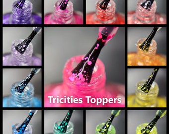 Tricities Toppers - 15 Matte Glitter Unique Nail Polishes, Rainbow Monochrome Glitters to Mix and Match for a Custom Indie Glitter DIY Look