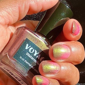 Watermelon: Thermal Nail Polish, Indie Green Pink Duochrome Shimmer Glitter Nail Varnish, Emerald Green to Magenta Charity Fingernail Polish image 3