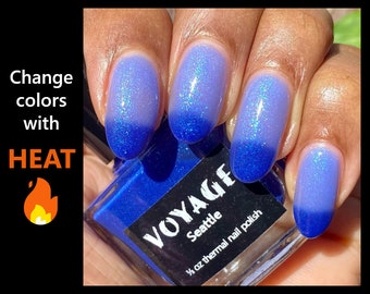 Seattle - Thermal Heat Changing Handmade Nail Polish, Blue Clear Sparkly Sheer Crelly Polish, Winter Designs Nail Varnish