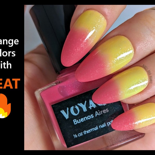 Buenos Aires - Thermal Shifting Handmade Nail Polish, Pink Yellow Flakie Heat Changing Creme Polish, Summer Manicure Polish