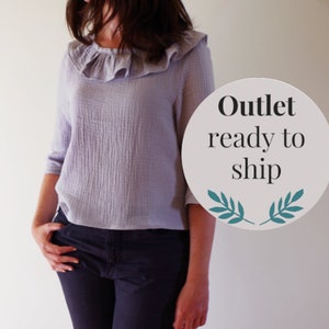 Ruffle collar top in soft cotton gauze light blue. Embossed cotton blouse. Outlet, ready to ship, only in size Small