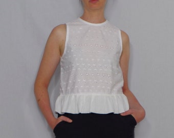 Peplum top with frills. White eyelet cotton. Summer sleeveless blouse for college student, fiancée gift. Spring break outfit. SIZE S