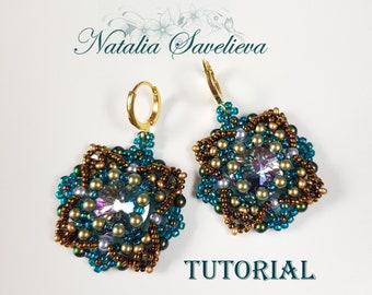 May include: A pair of gold earrings with a teal, brown, and silver beaded design. Each earring features a clear crystal in the center. The earrings are labeled "TUTORIAL".