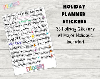 May include: A sheet of 38 holiday planner stickers featuring all major holidays. The stickers are colorful and have a handwritten font. The text "HOLIDAY PLANNER STICKERS" is at the top of the sheet. The text "38 Holiday Stickers All Major Holidays Included" is at the bottom of the sheet.
