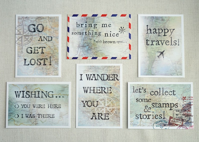 Set Of 6 Postcards Travel Farewell Gift For Traveler Have A Great Journey Vintage Look Road Map Compass - 