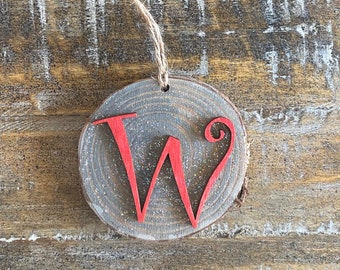 Rustic Monogram 'D' Holiday Red with Glitter Accent Christmas Ornament Gift Tag. Twine Hang Strap Wood Slice Stained Gray White