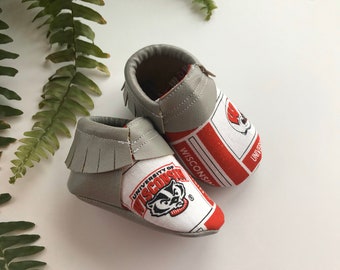 Wisconsin Badger Moccs • Queen B Moccs • baby moccasins • more colors & styles available