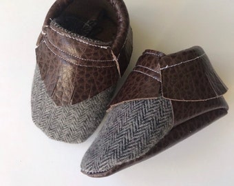 Chocolate Herringbone Moccasins • Queen B Moccs • baby moccasins