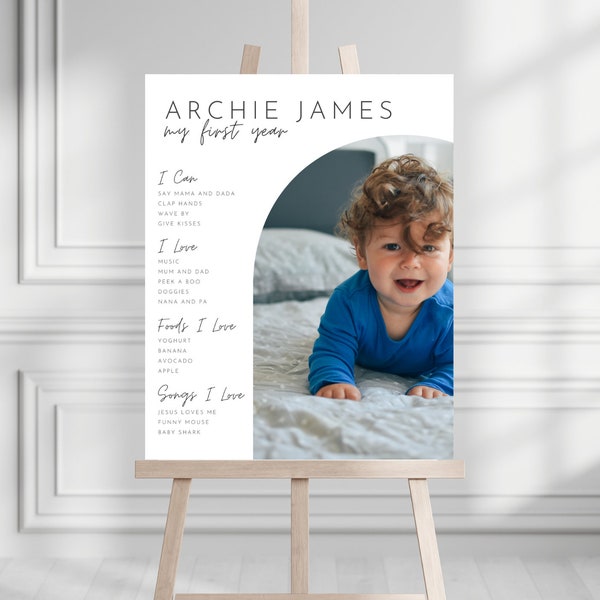 Editable Arch Photo First Birthday Milestone Board Template, Printable 1st Birthday Sign, Modern My First Year Poster, Instant Download