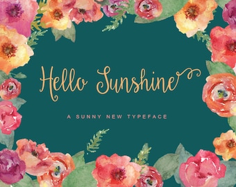 Hello Sunshine Elegante Handschrift Schreibschrift Kommerzielle Schriftart + Freebie Doodles, Schlagwörter und Ornamente