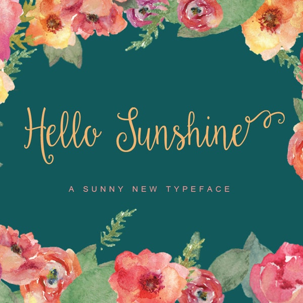 Hello Sunshine Elegant Handwriting Cursive Script Commercial Font download + Freebie Doodles, catchwords, and ornaments