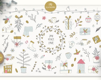 Frohe fröhliche Urlaub Clip Art Bundle, Winter, Muster, Grüße, Illustrationen, PNG, Ai, Eps