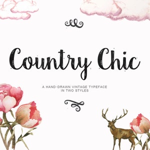 May include: A hand-drawn vintage typeface called "Country Chic" in two styles. The text is surrounded by watercolor illustrations of pink flowers and clouds.