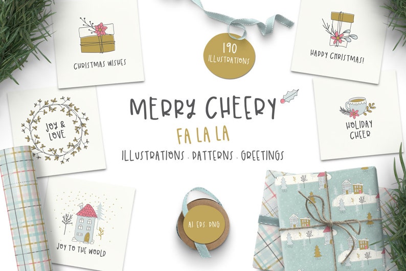 Merry Cheery Holiday Clip Art Bundle, Winter, Patterns, Greetings, Illustrations, PNG, Ai, Eps image 1